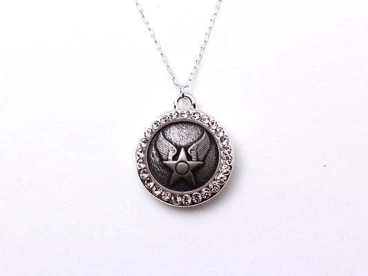 Air Force Button Necklace - Small Rhinestone Silver Pendant