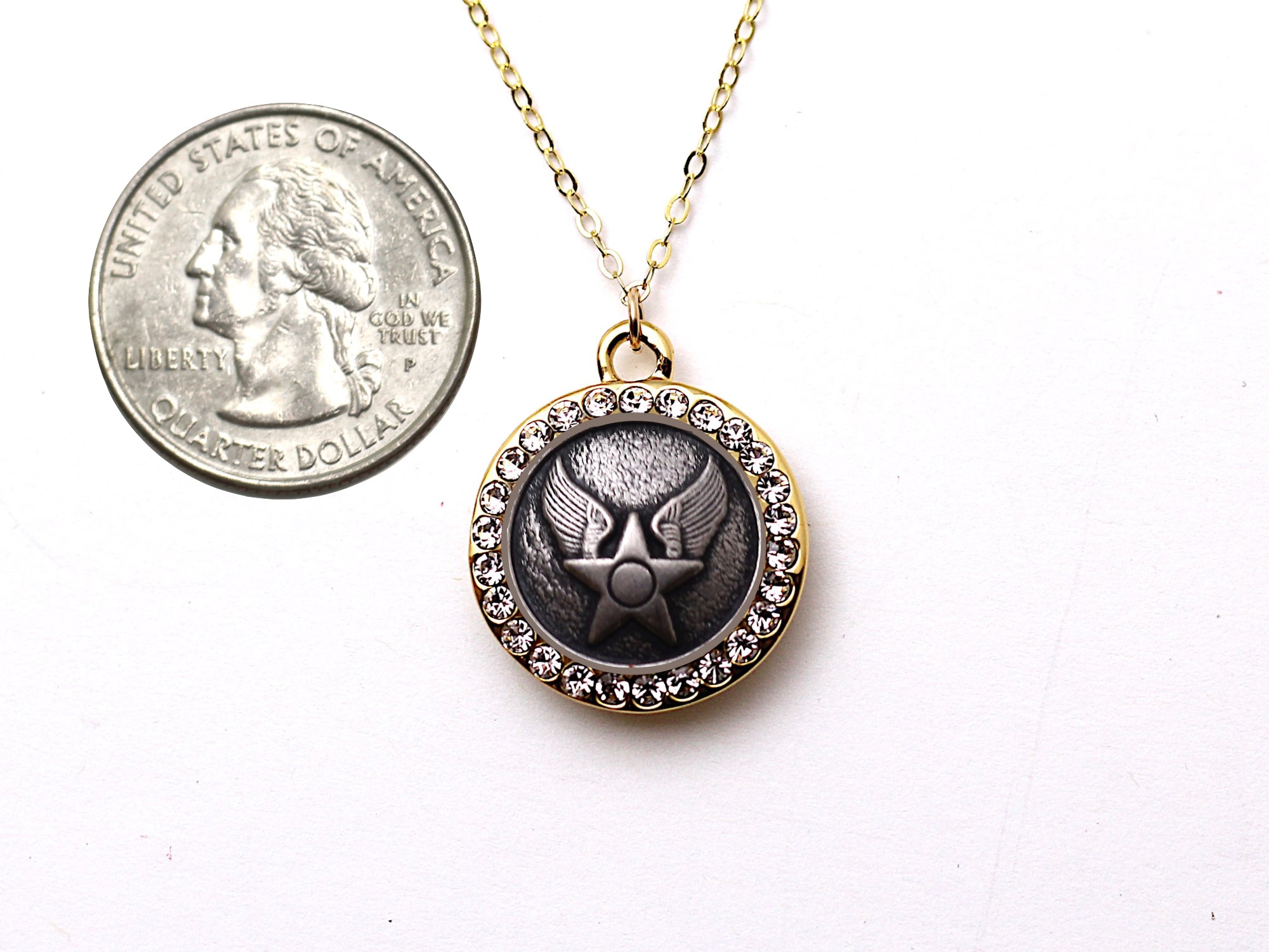 Air Force Button Necklace Small Rhinestone Gold Pendant