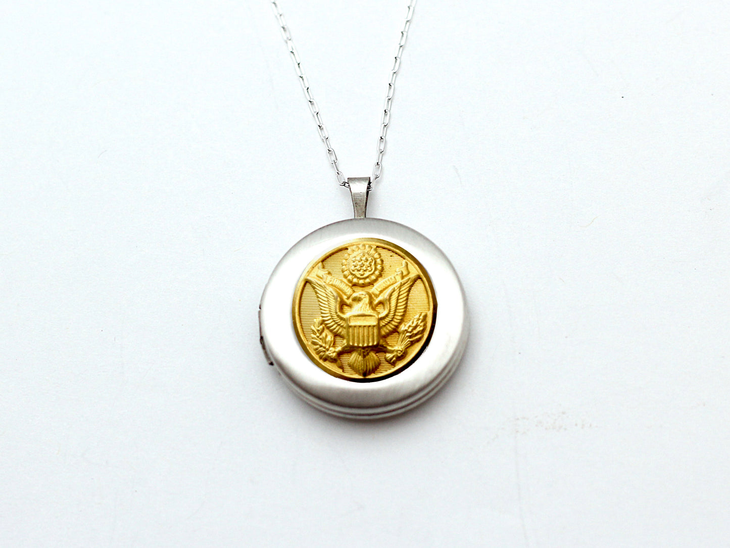 Army Button Silver Locket Necklace