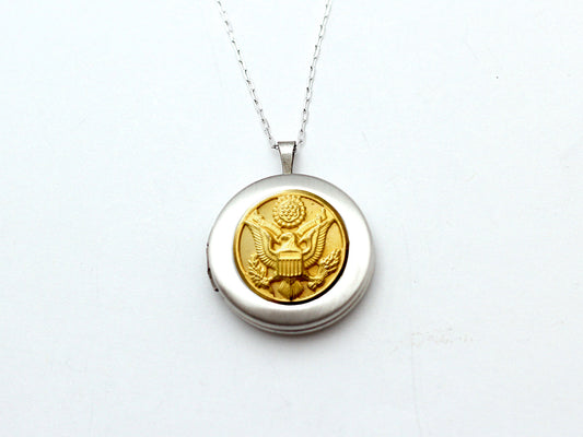 Army Button Silver Locket Necklace