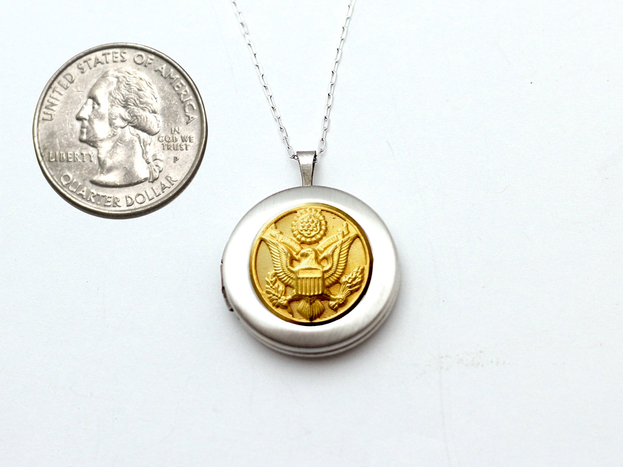 Army Button Silver Locket Necklace