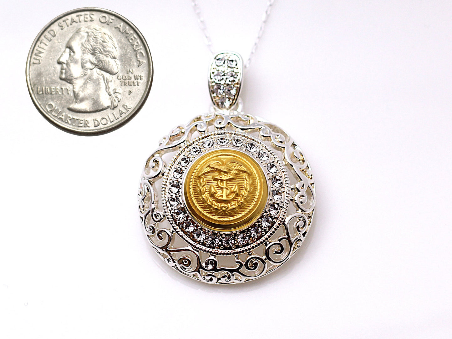 Coast Guard Button Necklace - Large Silver Rhinestone Pendant