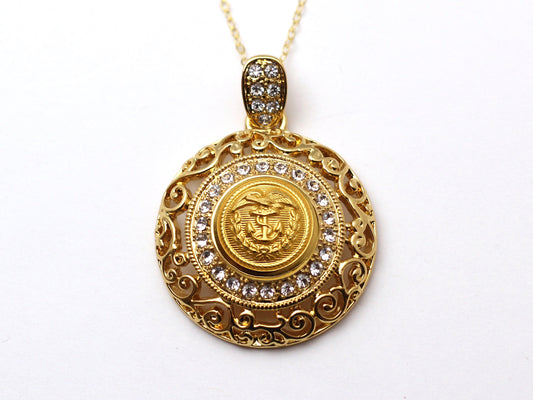Coast Guard Button Necklace - Large Gold Rhinestone Pendant