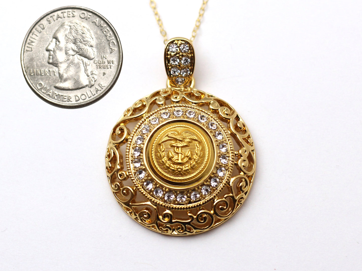 Coast Guard Button Necklace - Large Gold Rhinestone Pendant