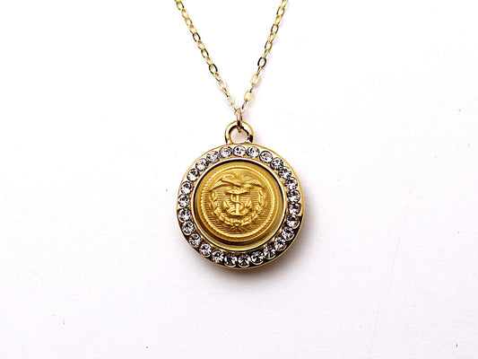 Coast Guard Button Necklace - Small Rhinestone Gold Pendant