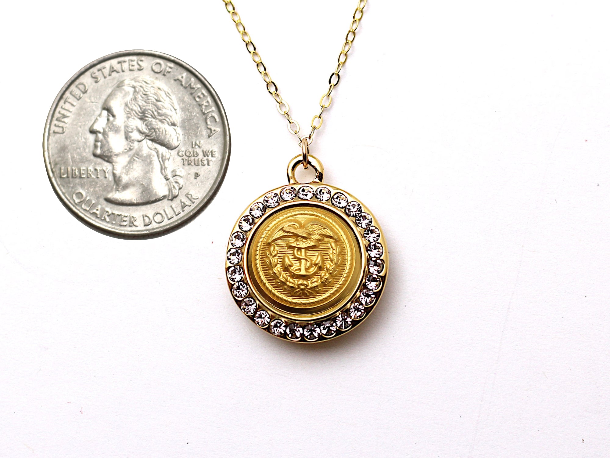 Coast Guard Button Necklace - Small Rhinestone Gold Pendant
