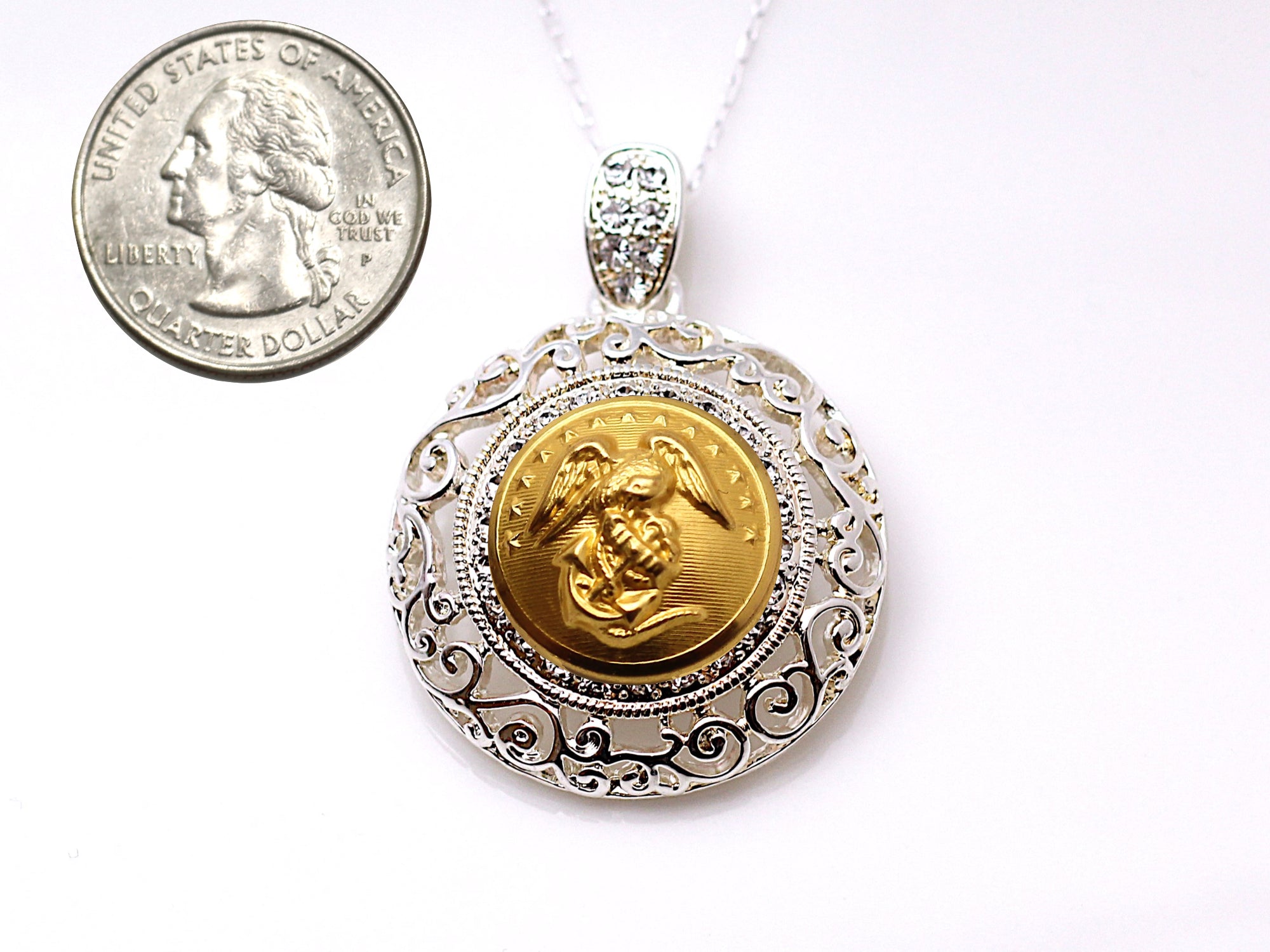 Marine Corps Button Necklace - Large Silver Rhinestone Pendant