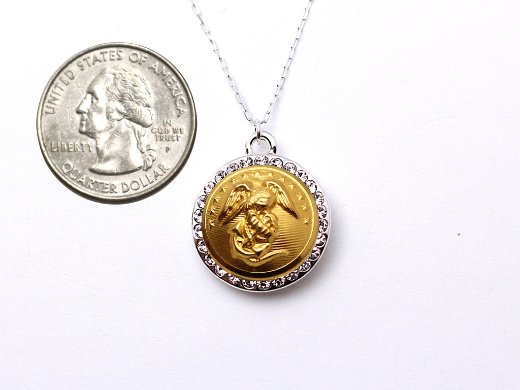 Marine Corps Button Necklace - Small Rhinestone Silver Pendant