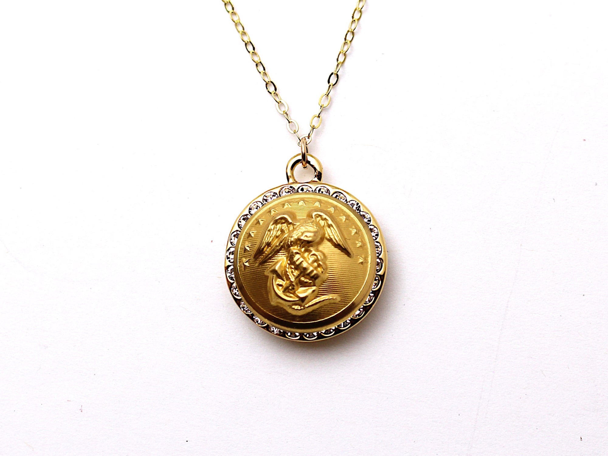 Marine Corps Button Necklace - Small Rhinestone Gold Pendant