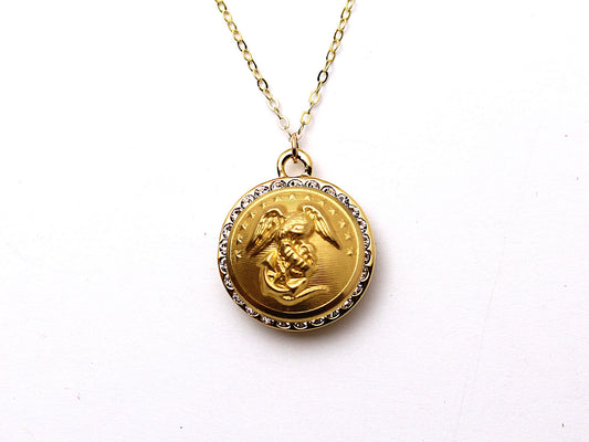 Marine Corps Button Necklace - Small Rhinestone Gold Pendant