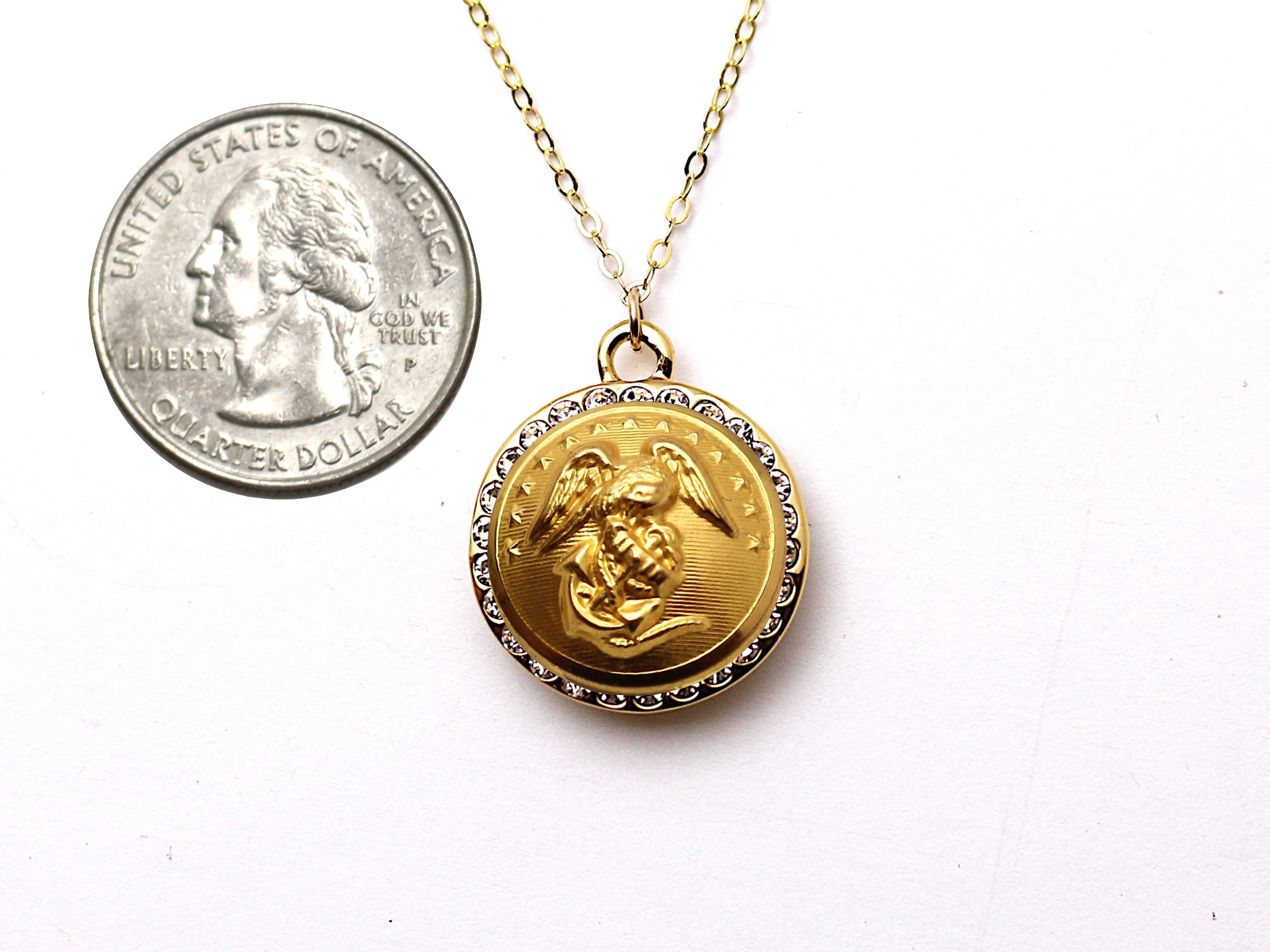 Marine Corps Button Necklace - Small Rhinestone Gold Pendant