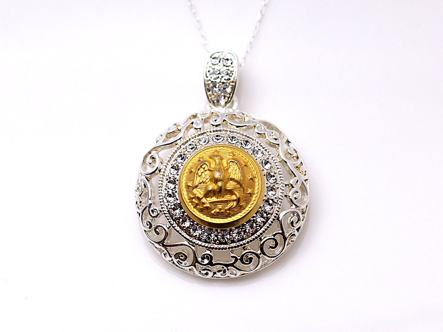 Navy Button Necklace - Large Silver Rhinestone Pendant