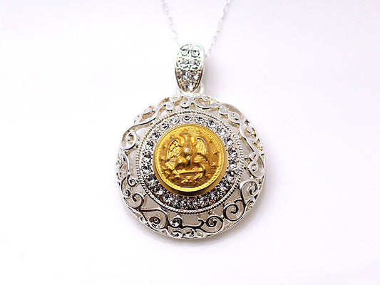 Navy Button Necklace - Large Silver Rhinestone Pendant