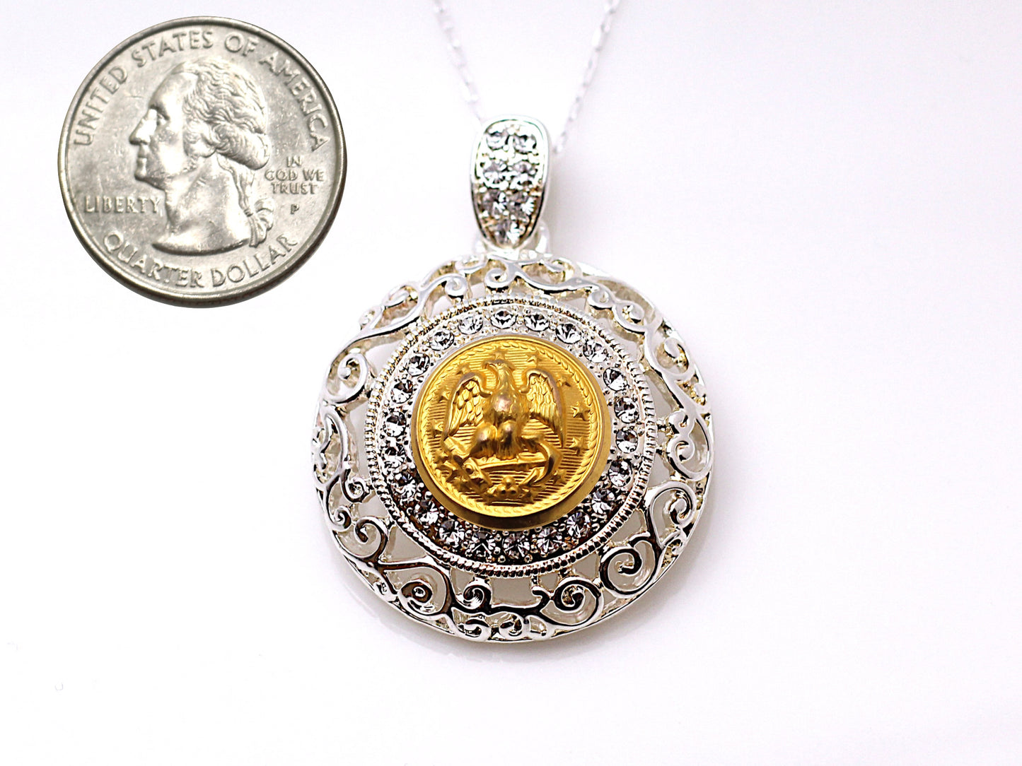 Navy Button Necklace - Large Silver Rhinestone Pendant