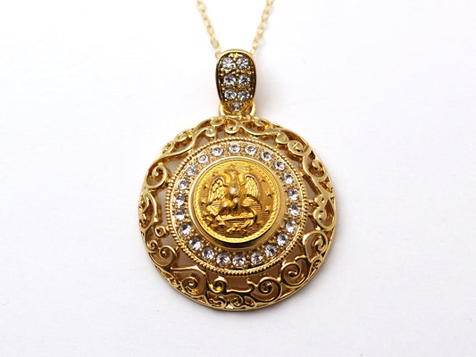 Navy Button Necklace - Large Gold Rhinestone Pendant