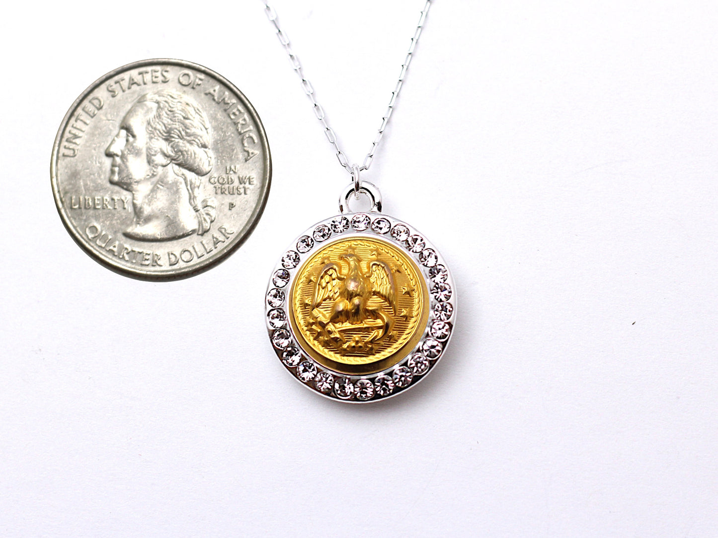 Navy Button Necklace - Small Rhinestone Silver Pendant