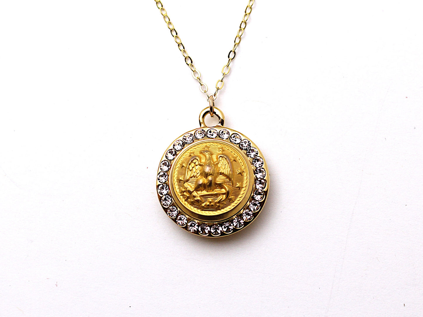 Navy Button Necklace - Small Rhinestone Gold Pendant