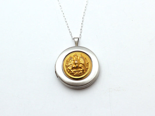 Navy Button Silver Locket Necklace