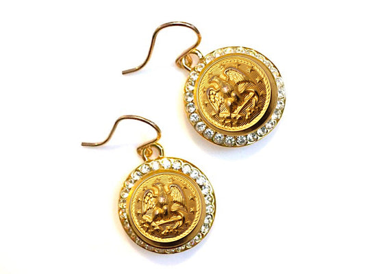 Navy Button Small Rhinestone Earrings