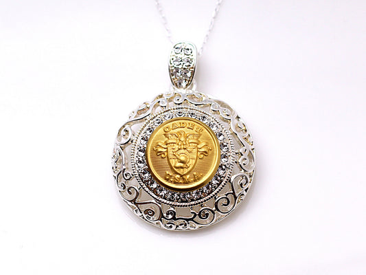 U.S. Military Academy Button Necklace - Large Silver Rhinestone Pendant