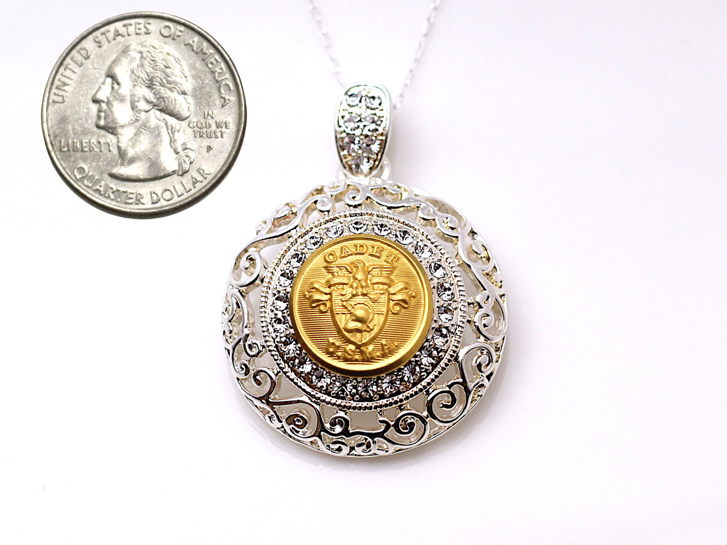U.S. Military Academy Button Necklace - Large Silver Rhinestone Pendant