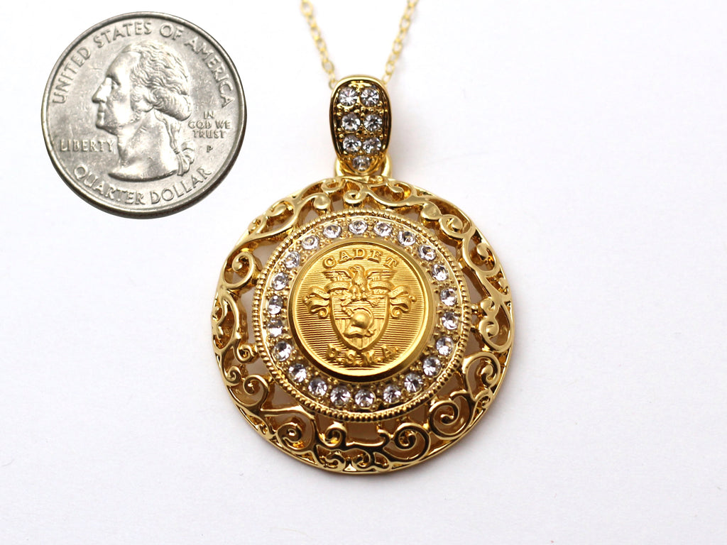 U.S. Military Academy  Button Necklace - Large Gold Rhinestone Pendant