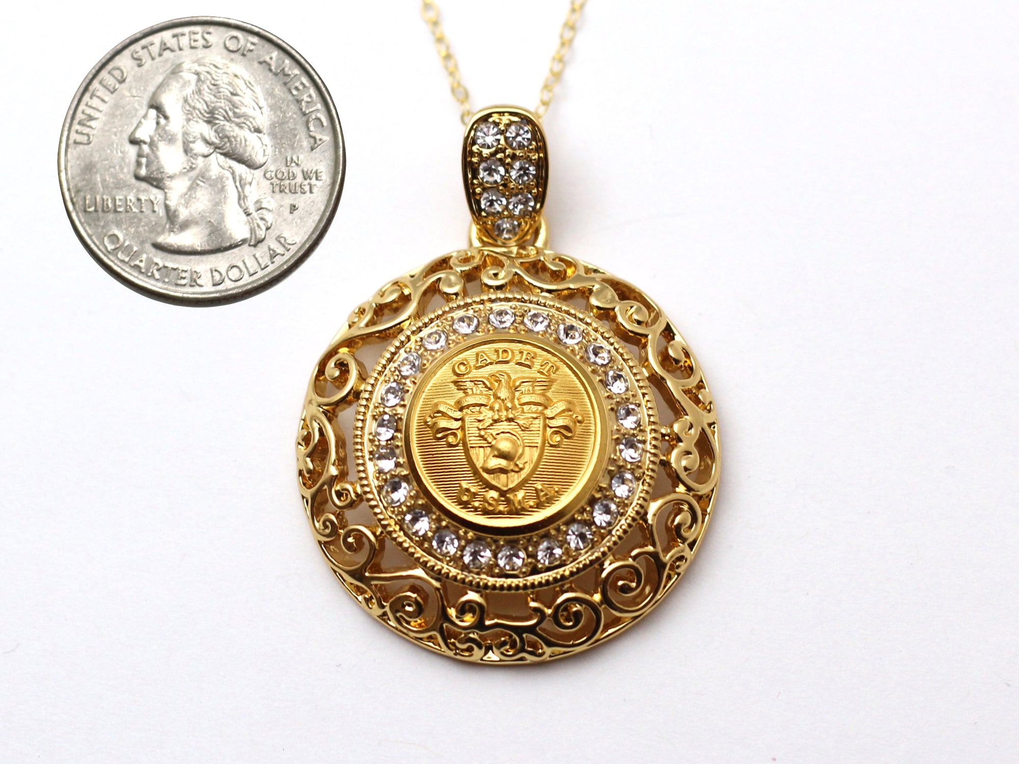 U.S. Military Academy  Button Necklace - Large Gold Rhinestone Pendant