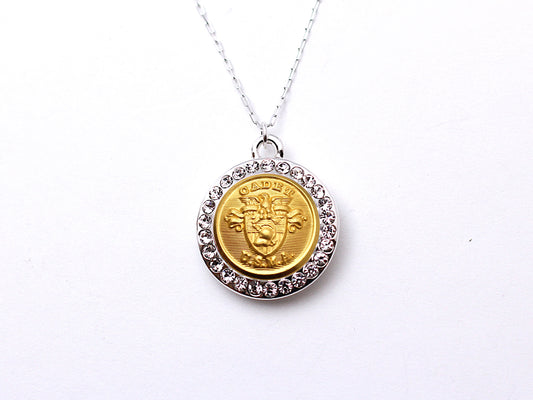 U.S. Military Academy Button Necklace - Small Rhinestone Silver Pendant