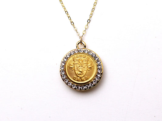 U.S. Military Academy Button Necklace - Small Rhinestone Gold Pendant