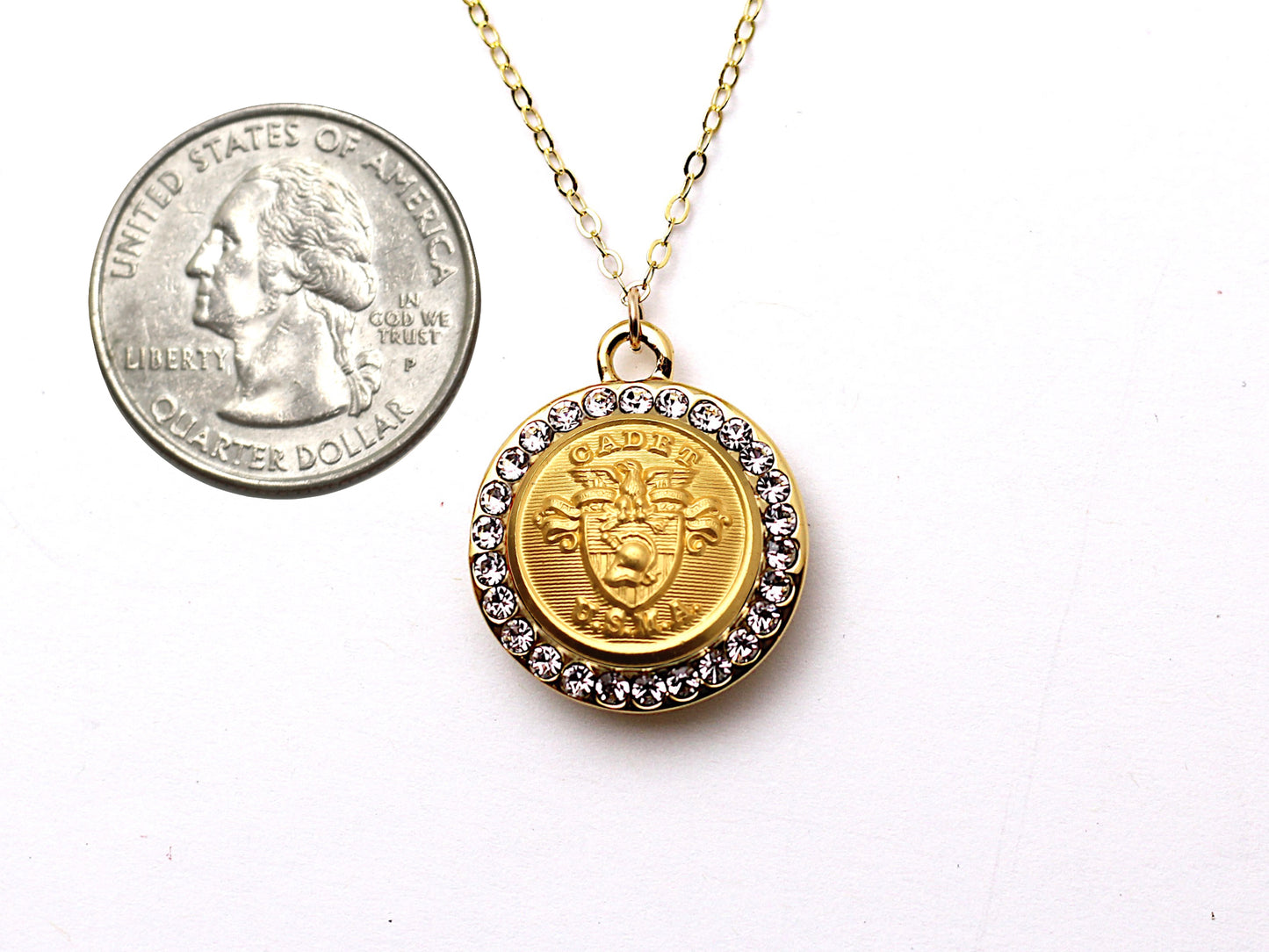 U.S. Military Academy Button Necklace - Small Rhinestone Gold Pendant