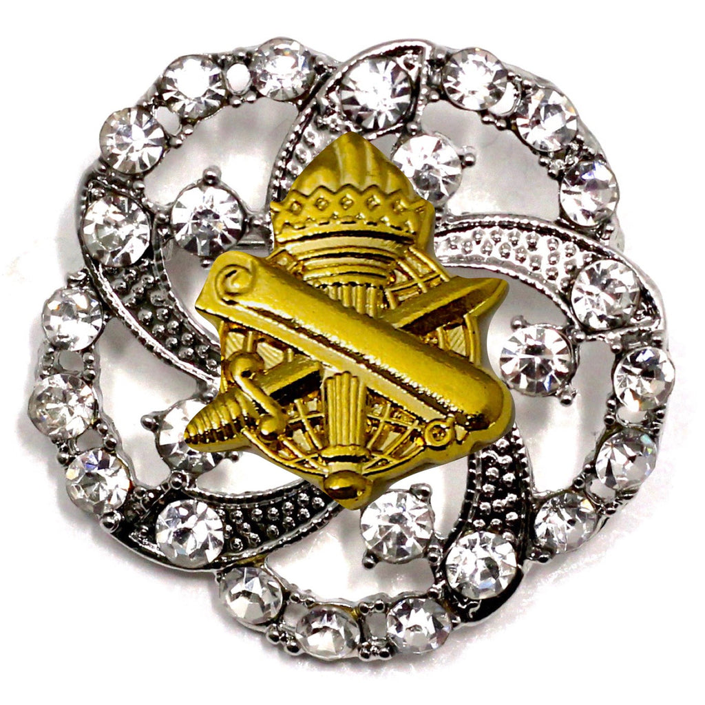 A military brooch with a gold centerpiece featuring the US Army Civil Affairs branch insignia and surrounded by crystal rhinestones.