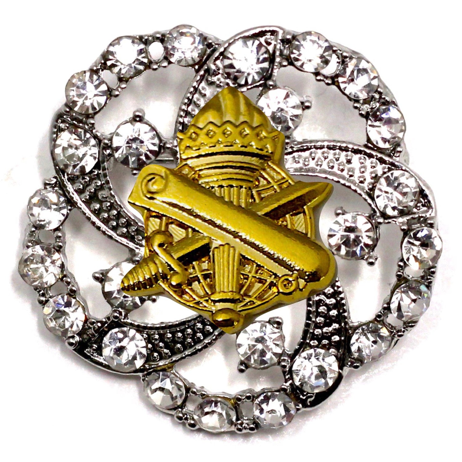 A military brooch with a gold centerpiece featuring the US Army Civil Affairs branch insignia and surrounded by crystal rhinestones.