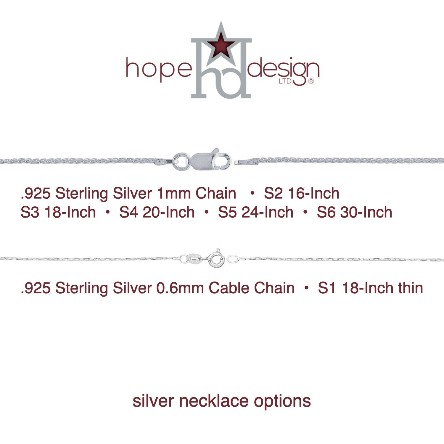Silver necklace options with chain thickness and length details on a white background, featuring the Hope Design Ltd logo.