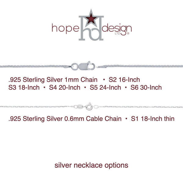 Silver necklace options with chain thickness and length details on a white background, featuring the Hope Design Ltd logo.