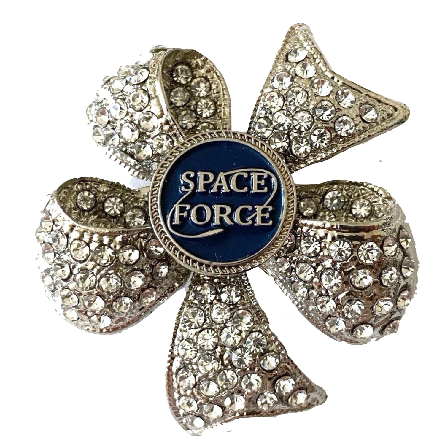 A brooch with a 'Space Force' centerpiece and crystal rhinestones, featuring a military-style design.