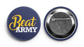 A round navy-colored supporter button with the text 'BEAT ARMY' in yellow and a graphic of a football helmet.