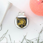 Golf ball, tee, and marker with a visible brand logo on a white background