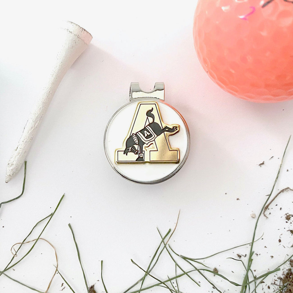 Golf accessories including a ball, tee, and marker on a white surface with grass and dirt.