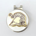 A gold-colored golf hat clip featuring an engraved representation of the United States Military Academy's Gold Athena Helmet.