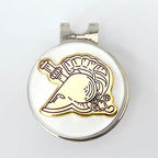 A gold-colored golf hat clip featuring an engraved representation of the United States Military Academy's Gold Athena Helmet.