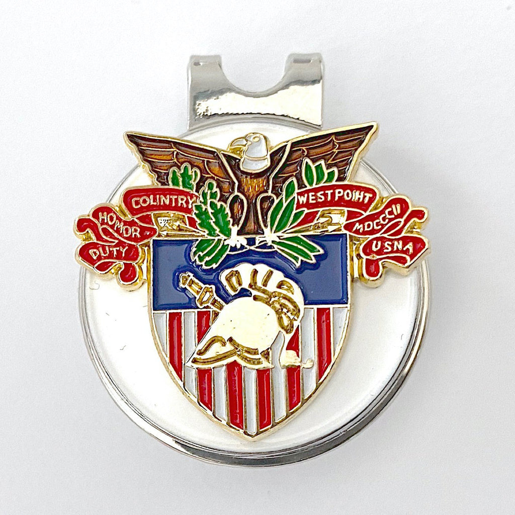 A golf hat clip and magnetic ball marker with a United States Military Academy crest design.
